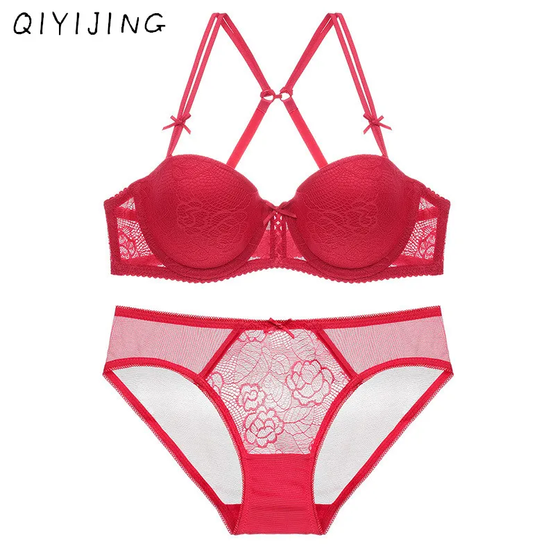 QIYIJING Women 1/2 Cup Push Up Bra and Panties Sets Sexy Lace trim