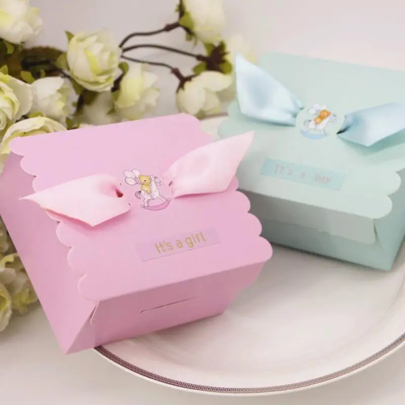 

50 Pcs/lot New Boys and Girls Birthday Party Candy Box Paper Cake Gift Box Baby Shower Favor Boxes with Ribbon