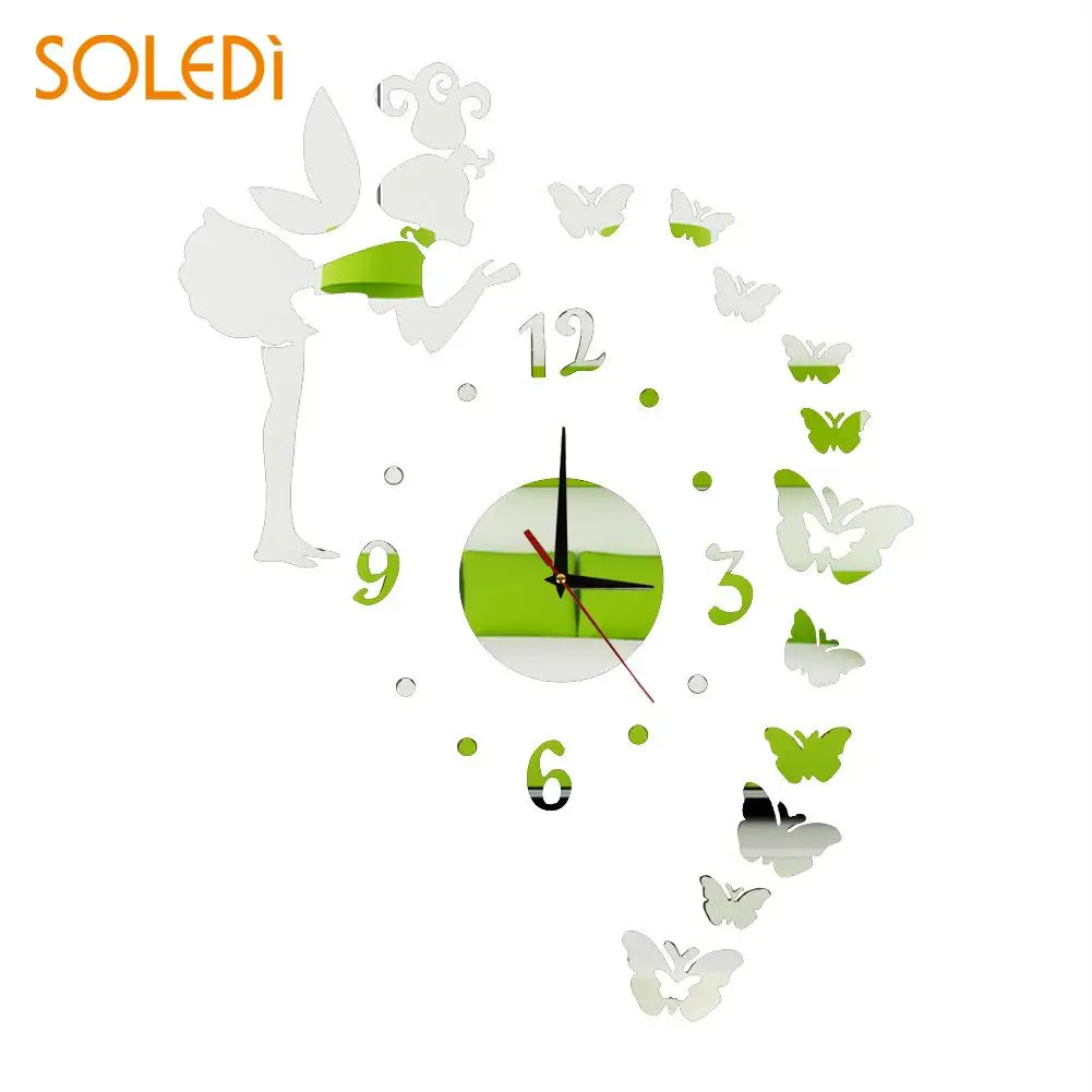 

HOT Fairy & Butterfly Acrylic Mirror Wall Clock for decoration Wall Sticker DIY
