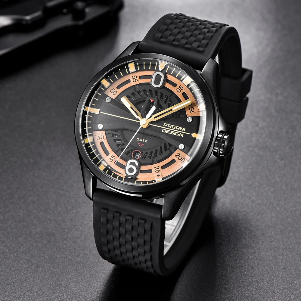 Роскошный бренд PAGANI Дизайн Новые мужские часы модные силиконовый ремешок водонепроницаемые кварцевые часы Черное золото Reloj Hombre дропшиппинг