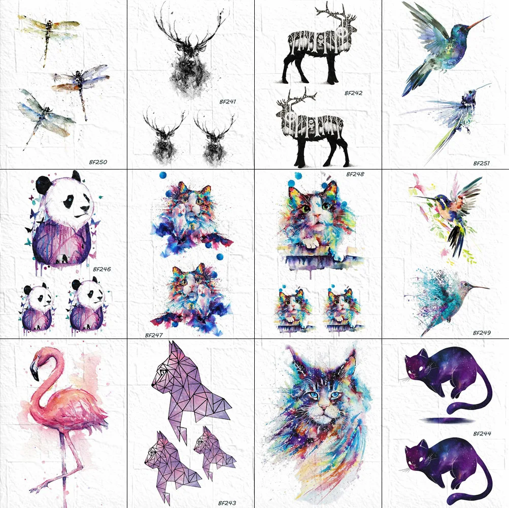 

VANKIRS Waterclour Cats Temporary Tattoo Stickers Children Body Arm Hands Tattoos Flash Cute Cartoon Neck Panda Tatoos Fake Deer