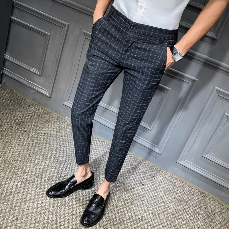 2019 Men Dress Pant Plaid Business Casual Slim Fit Ankle Length 