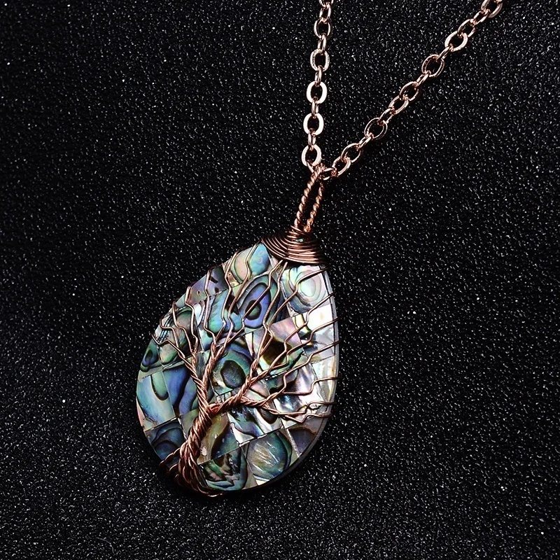 Винтажное ожерелье с подвеской «Древо жизни», медная проволока, обернутая натуральным камнем Морская раковина, ювелирное изделие, каплевидный подарок