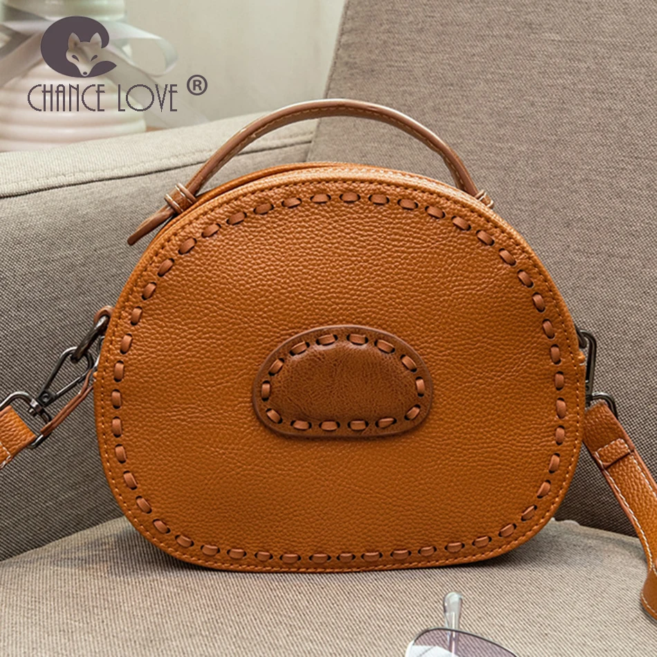 

Chance Love 2018 thick stitching ladies Genuine leather bag new ladies shoulder bag round bag portable retro messenger bag