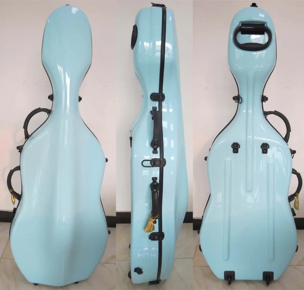 light blue fiberglass hard cello case 3/4 w/ wheells,Shoulder strapsin