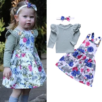 

Newborn Baby Girls Bowknot Headband + Long SLeeve Ruffles Romper Tops+Floral Suspender Skirt Overalls 3PCS Outfits Set