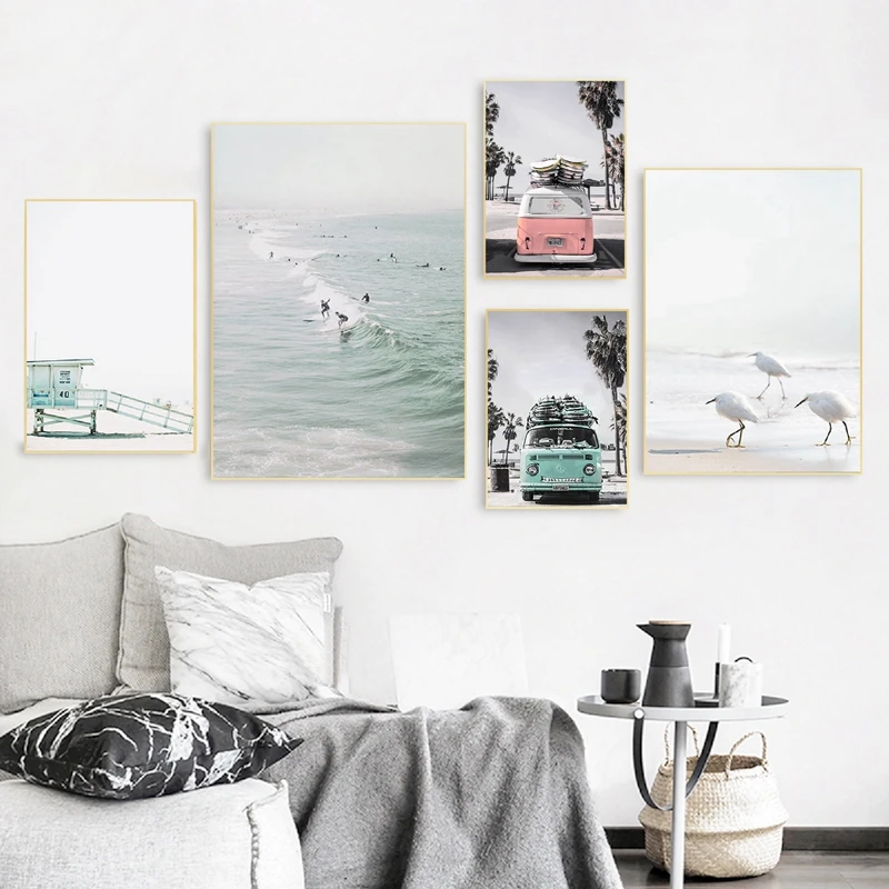 

Tropical Beach Posters Print Lifeguard Tower and Retro Van Surf Wall Art Canvas Painting Coastal Landscape Pictures Home Decor