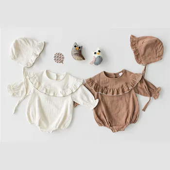 

2019 New Baby Girls Lotus Leaf Collar Rompers With Hats Candy White Brown Color Toddler Infant Kids Cute spring Autumn Clothes