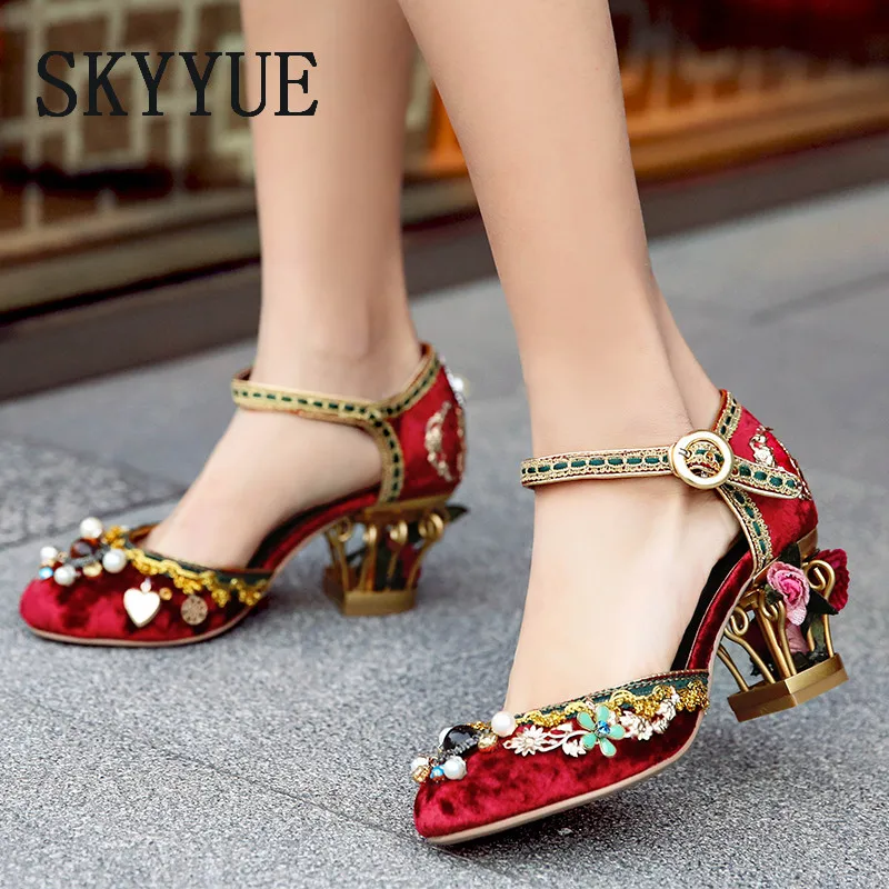 

New Genuine Leather Elegant Red Velvet Buckle Strap Women Summer Sandals Round Toe Floral Embelished HIgh Heels Wedding Shoes