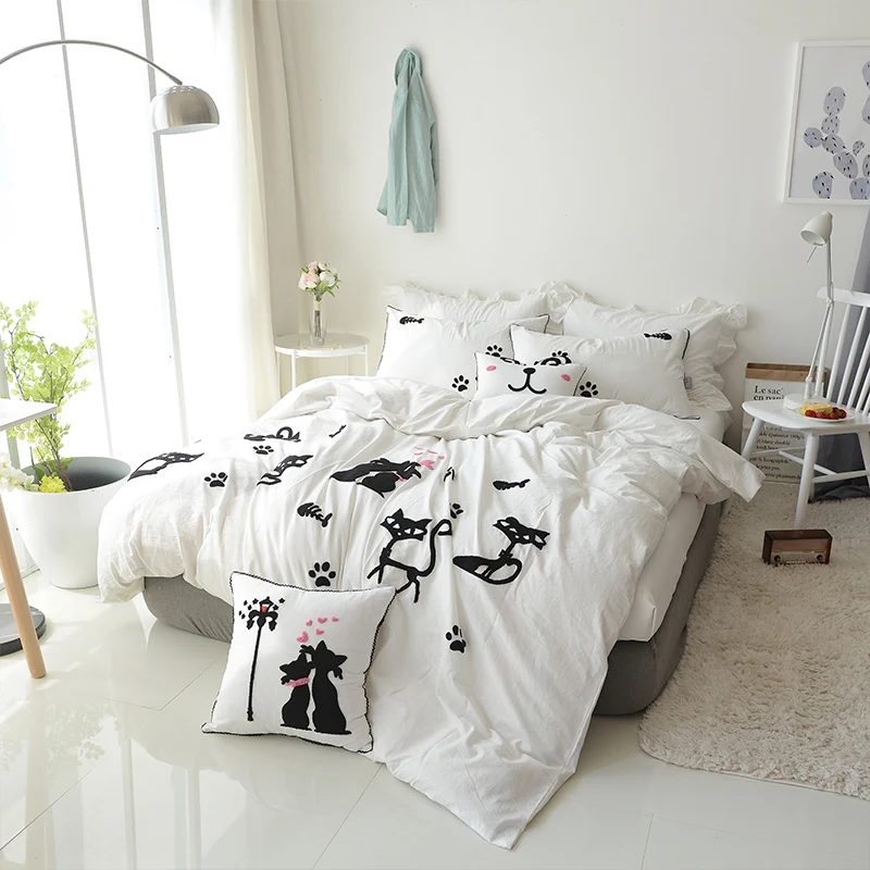 100 Cotton Black White Cats Bedding Set 4 6pcs King Queen Twin