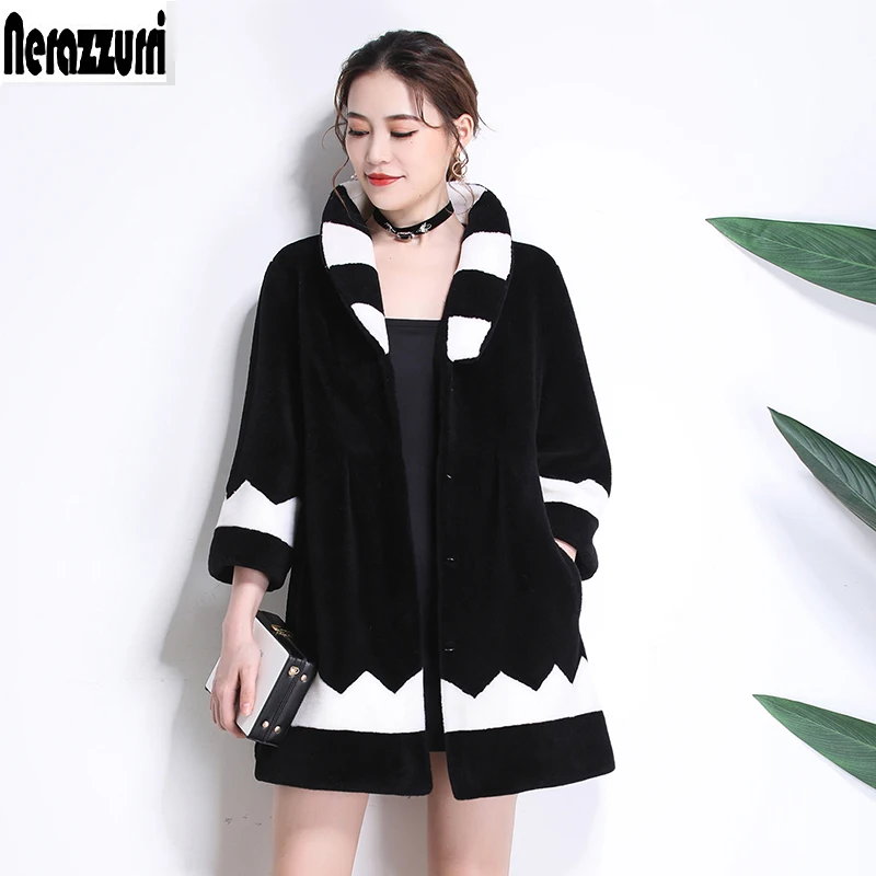 Nerazzurri Real fur coats for women 2019 winter warm black and white color block plus size sheared lamb fur jacket 5xl 6xl 7xl