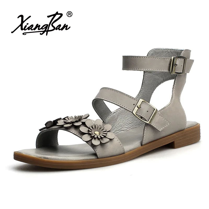 

Xiangban 2019 Summer College Women's Sandals Ankle Strap Leather Flat Heels Female Sandals Vintage Flowers