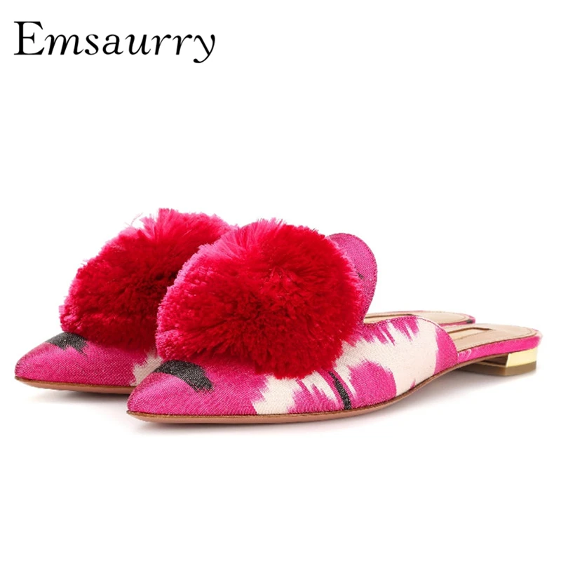 

Luxury Satin Print Color Flat Slippers Women Sexy Point Toes Metal Heel Velvet Fringe Ball Shoes Woman Autumn