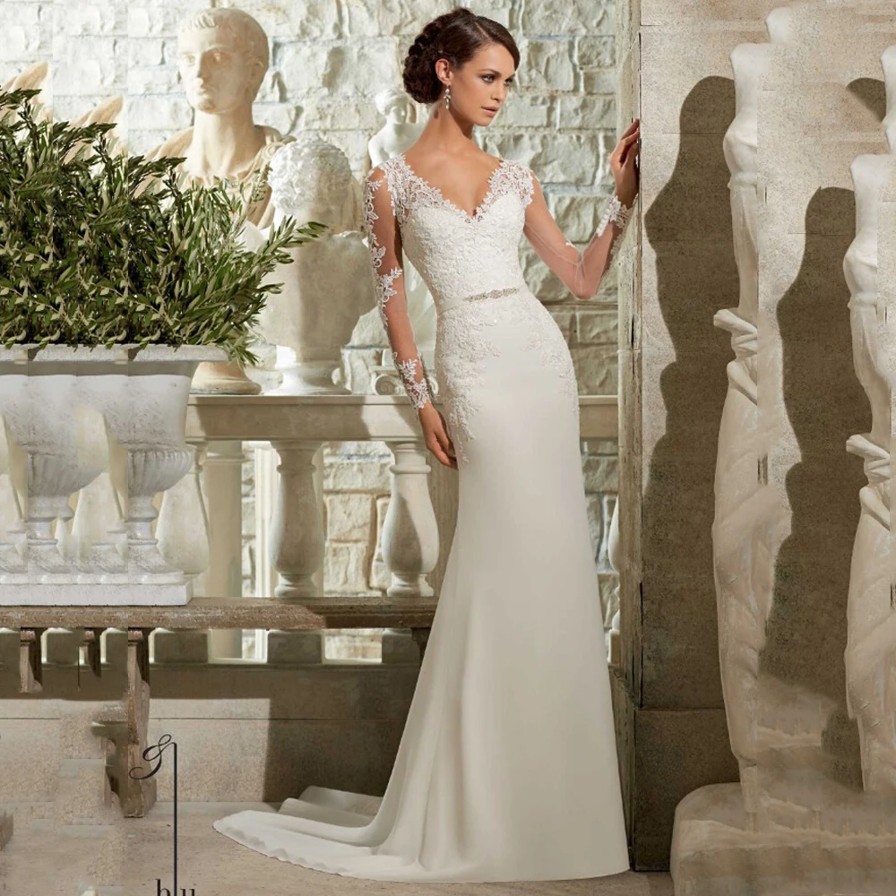 

IMH005 Romantic Long Sleeves Lace Beach Wedding Dress 2019 Sexy V Neck Sheer Back Court Train Bridal Gown Chiffon Bride Dress