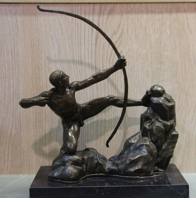 

free Western Art Figurine Bronze Copper Pull Bow Archery Marble Base Statue Sculpture fast