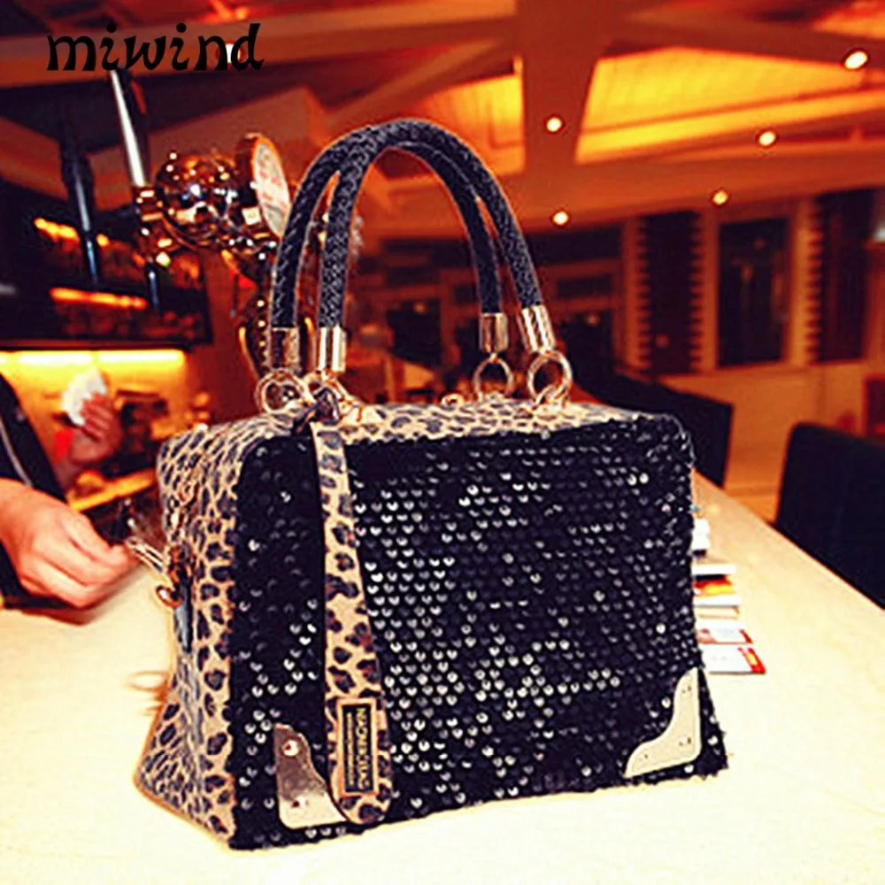 

2018 Women Shoulder Bag Female Fashion Handbags Leather Leopard sequins package Women Messenger Bags Envelope Evening Hand bag