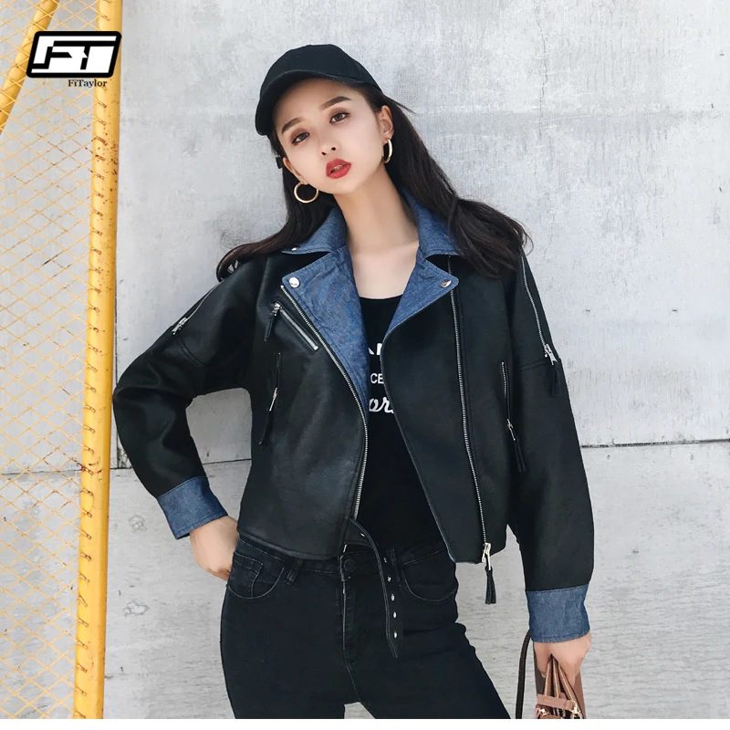 

Fitaylor Women Autumn PU Leather Jacket Faux Leather Jeans Splice Coat Lady Double-layer Neckline Zipper Jackets Street Outwear