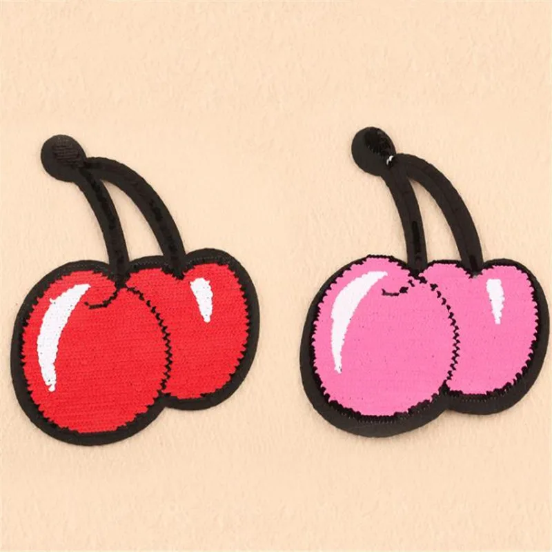 

Clothing Women Patch Reversible change color cherry up and down flip Red Pink sequins fruit patches for clothing stranger things