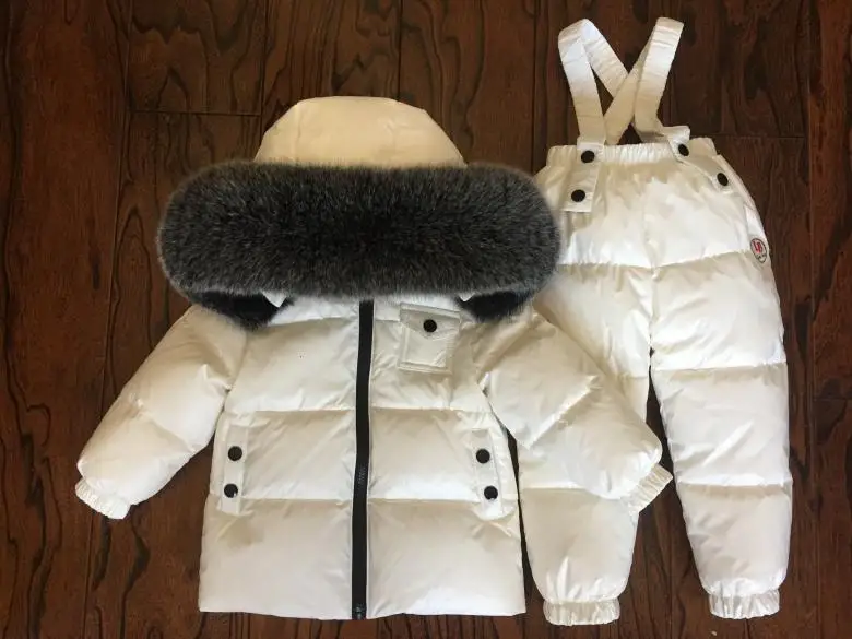 Пуховый костюм для русской зимы очень теплые зимние костюмы для детей куртка-пуховик для мальчиков и девочек+ комбинезон, комплект из 2 предметов, детская зимняя одежда, ws218
