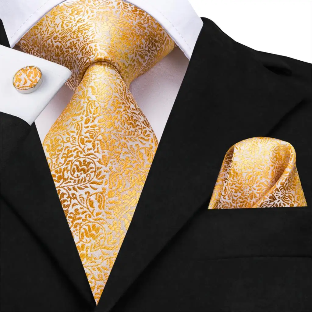 

C-3164 Hi-Tie Gold Floral Silk Ties for Men Hanky Cufflinks Set Luxury Gradient Mens Ties Necktie for Wedding Party Silk Set