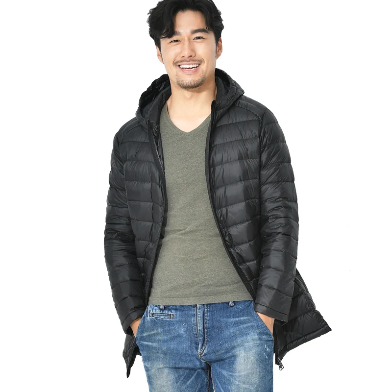Men Mid-Long Jacket Winter Coat 90% Duck Down Parkas Hooded Ultra Light Solid Color Autumn Windbreaker Zipper