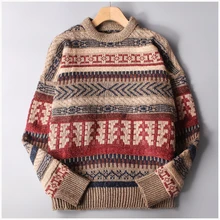 Зимний Винтажный толстый шерстяной мужской свитер с принтом, вязаный пуловер для мужчин, теплые удобные свитера с круглым вырезом и длинными рукавами YT50155