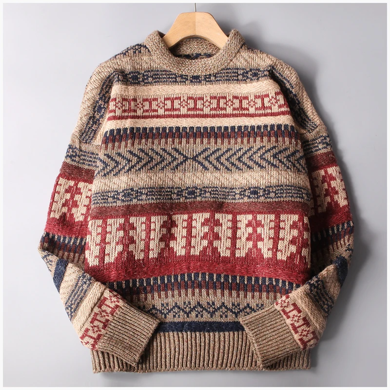 

Winter New Vintage Thick Wool Sweater Men Print Pattern Knit Pullover Mens Warm Comfortable O-neck Long Sleeve Sweaters YT50155