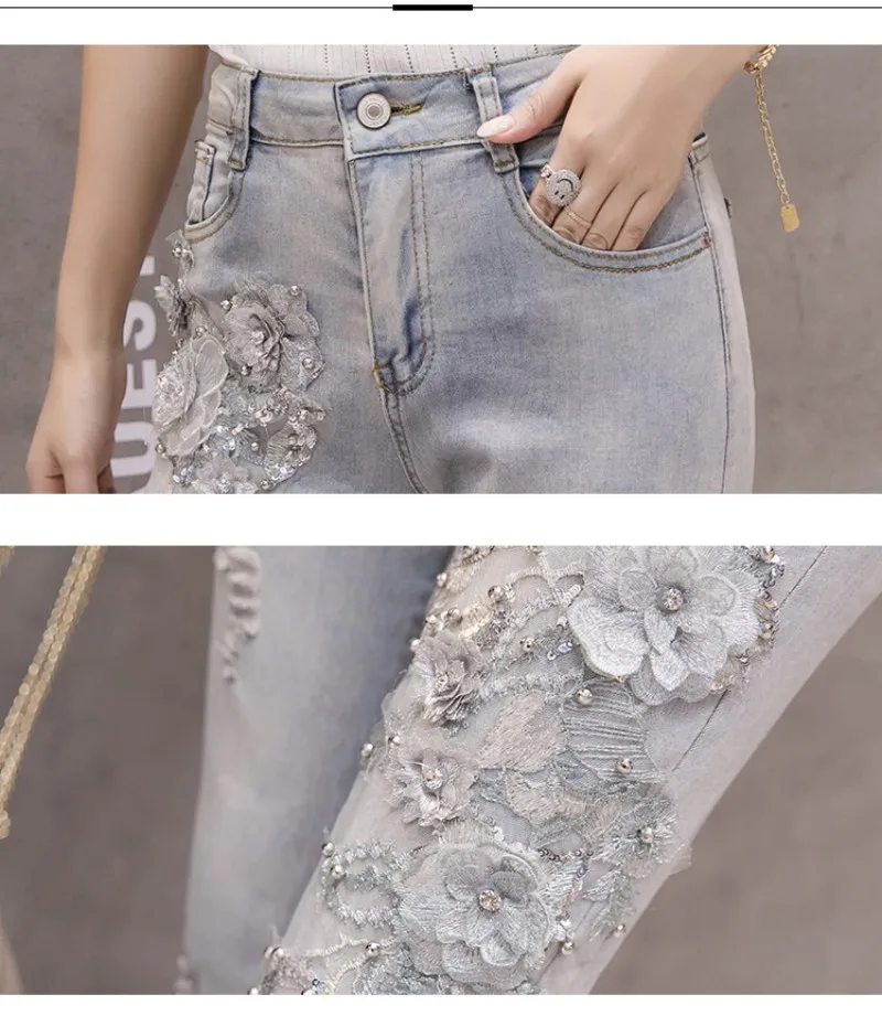 Новое поступление, летняя мода, джинсы с вышитыми цветами, джинсы-карандаш бойфренда, джинсы высокого качества, женские обтягивающие джинсы