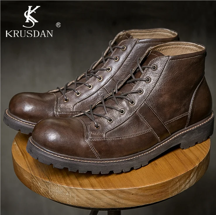 

[krusdan]2017 Fashion Retro Color British Style Genuine Leather Men Tooling Boots Vintage Casual Motorcycle Martin Boots