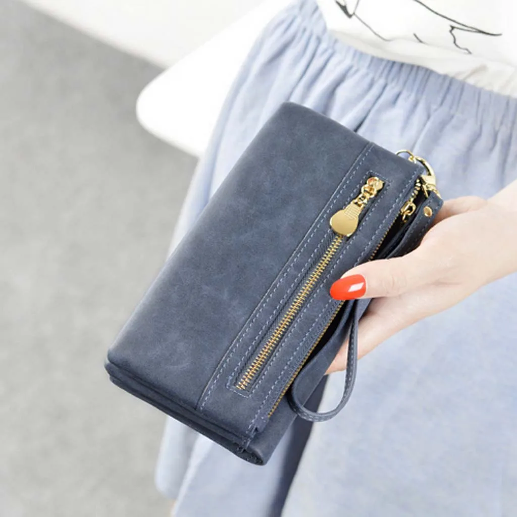 

Fashion Women Wallets Dull Polish Leather Wallet Double Zipper Multi-Function Mobile Phone Bag Long Wallet Zipper Handbag