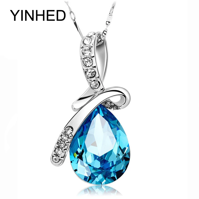 YINHED Synthetic Diamant Teardrop Necklace 925 Sterling Silver font b Jewelry b font Blue Austrian font