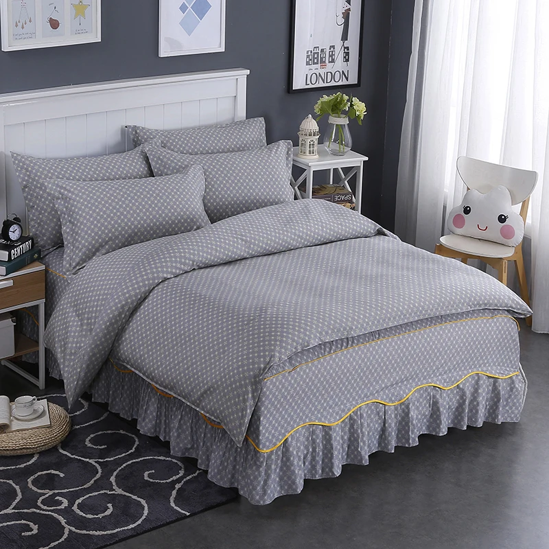 

European Style Gray+White Star Pattern Cotton Bedding Set Soft Bedclothes 4Pcs Duvet Cover Set+Bed Skirt+Pillowcases Queen Size