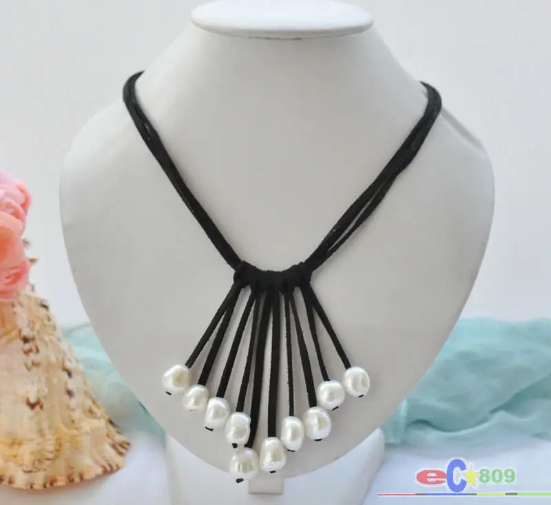 

wholesale 3row 20" 14mm white baroque pearl black leather tassels pendant necklace