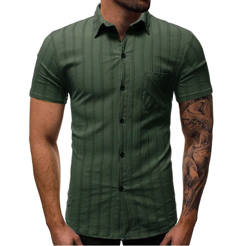 

Business Casual Men's Shirt Vertical Stripes Short Sleeve Shirts Solid Color Turn-down Collar Streetwear M-3XL