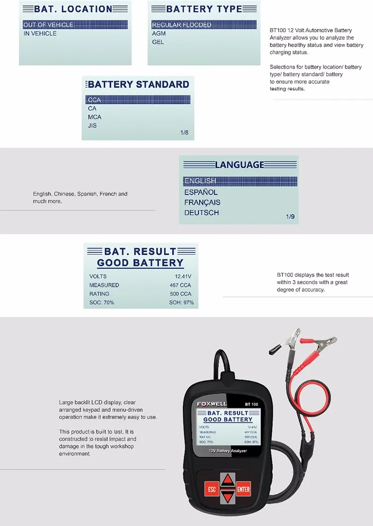 FOXWELL BT100 PRO 6 в 12 В автомобильный аккумулятор тест er для затопленного AGM гель 100 до 1100 CCA 200 AH Тест 6 в 12 Вольт Автомобильный анализатор