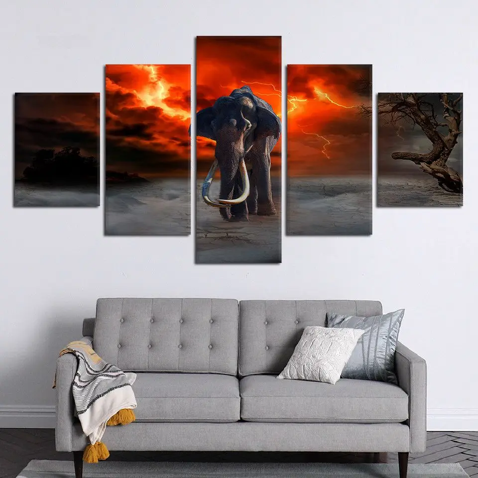 Modular Paintings Home Decor 5 Pieces African Animal Elephants Pictures For Living Room Printed Poster On Canvas Wall Art Framed | Дом и сад