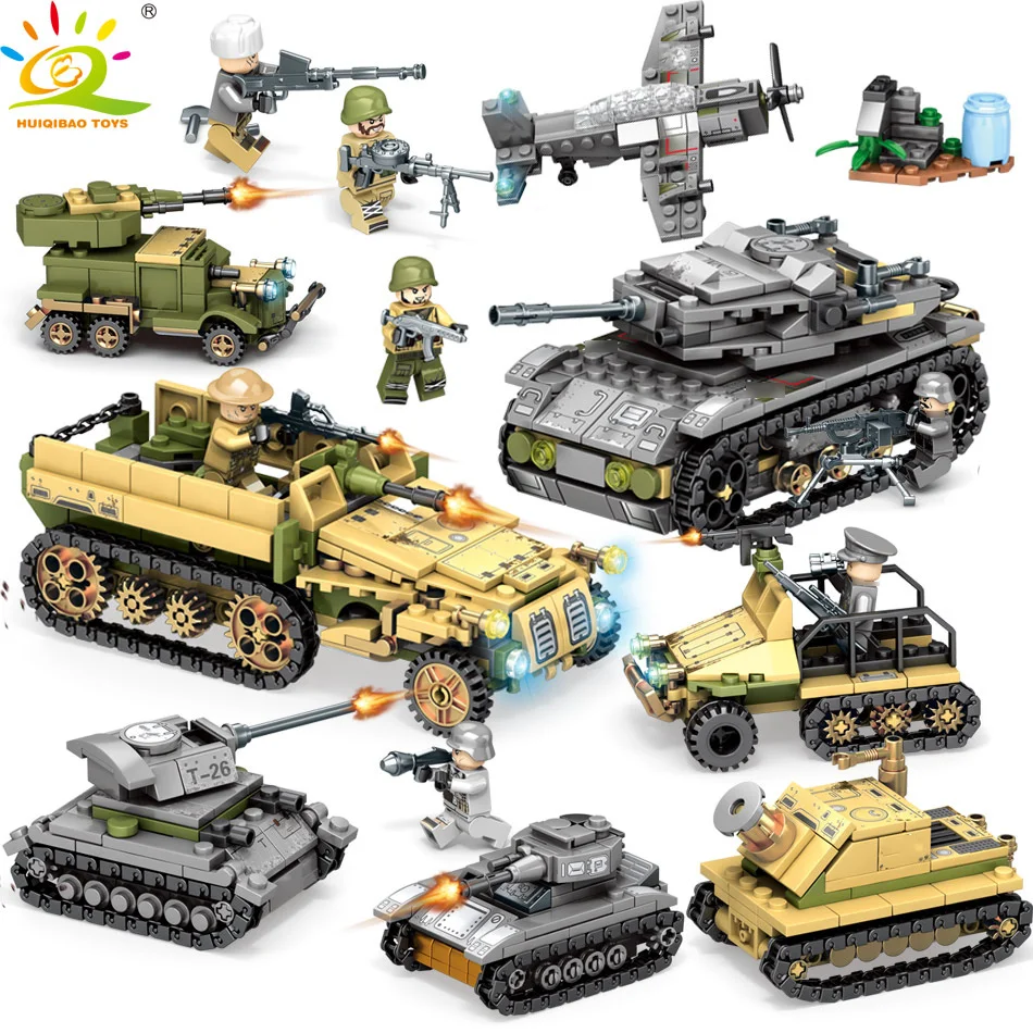 

HUIQIBAO TOYS 1061pcs 8in2 Military Tank Building Blocks For Children Compatible Legoingly WW2 Army Soldier Vehicle weapon brick