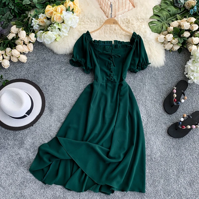 

Dress Chiffon 2019 New Summer Dress Plus Size Loose Wooden Ear Word Collar Puff Sleeve Lace Retro Dress Vestido De Festa