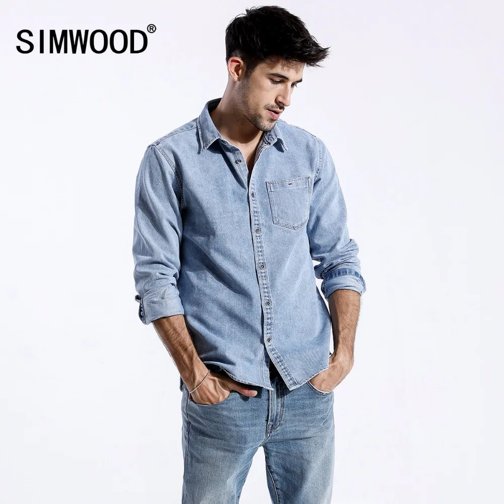 

SIMWOOD 2019 spring New Denim Shirts Men Pocket Slim Fit Long Sleeve Denim Tops Male Blouses Plus Size Brand Clothing 180319
