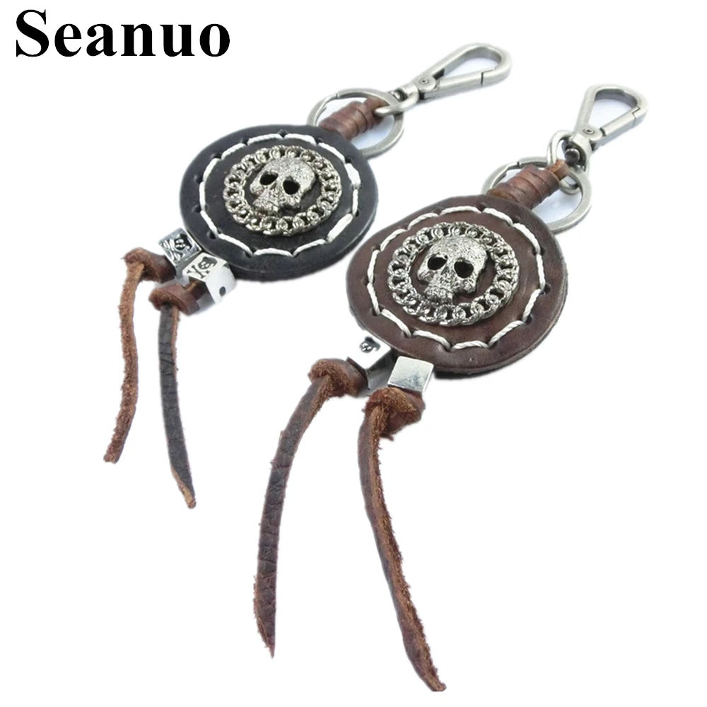 

Seanuo 2018 Handwoven tassel skull genuine leather keychain key chain for men women punk rock can keychain key holder anahtarlik