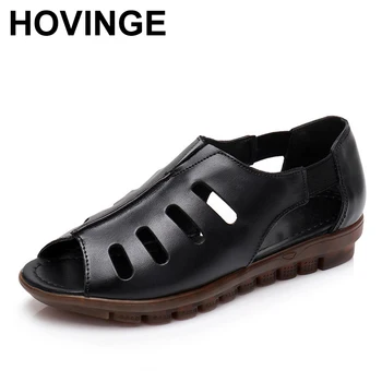 

HOVINGE Summer Hollow Women Sandals Genuine Leather Casual Shoes Peep Toe Flat Shoes Woman Sandal Big Size
