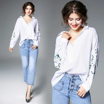 

Europe New 2020 Spring Women's High Street Fashion Loose Sexy V Neck Embroidery Blouses Tops Female Casual Long Sleeve Shirts