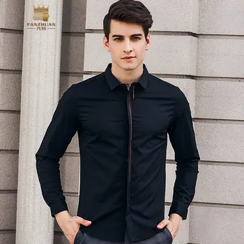 

FANZHUAN free shipping Men'S male man 2018 New Temperament Slim Personality 97% cotton Long-Sleeved WHITE black Shirt 822024