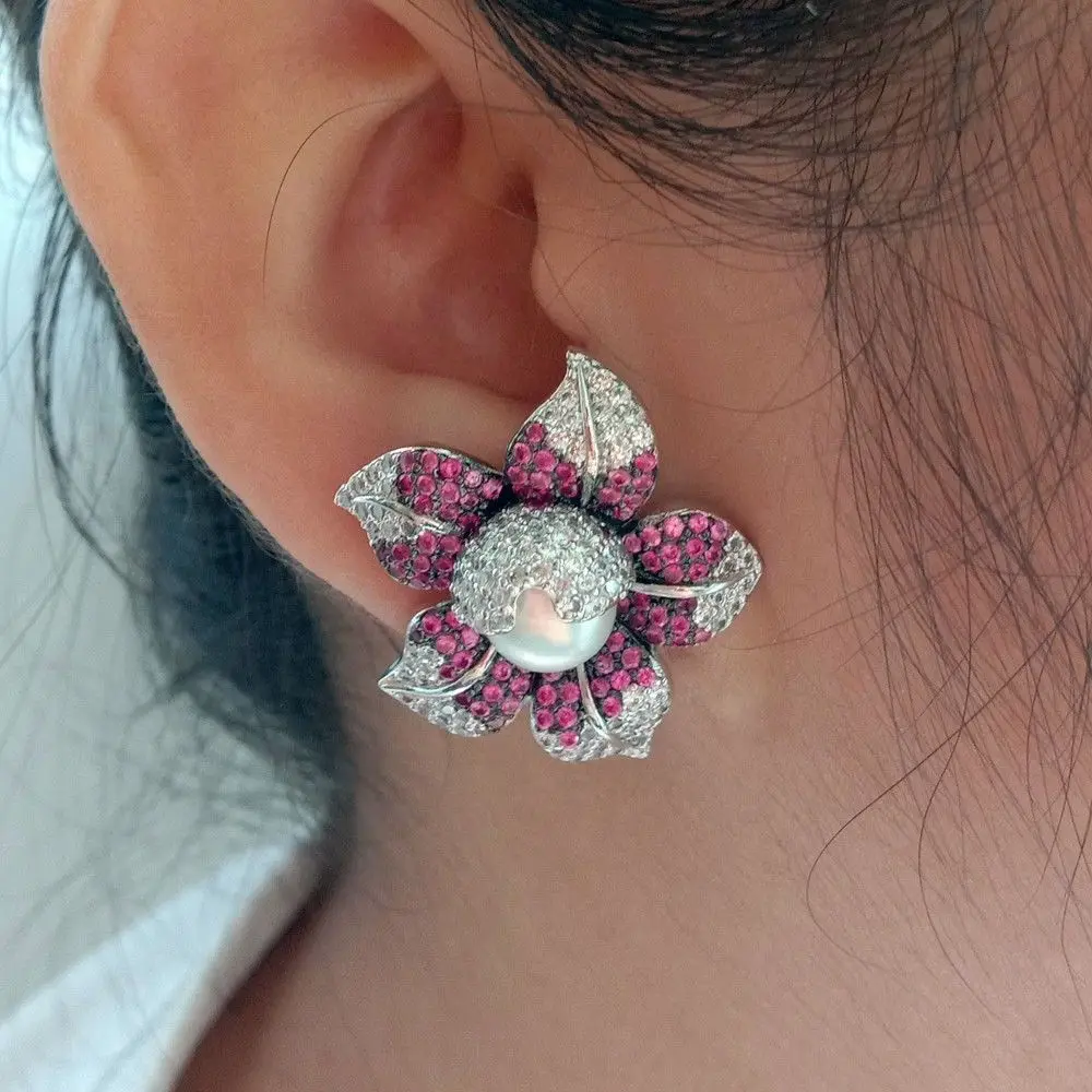 

Cz Pave Pearl Earrings White Pearl White Cz Flower Earrings