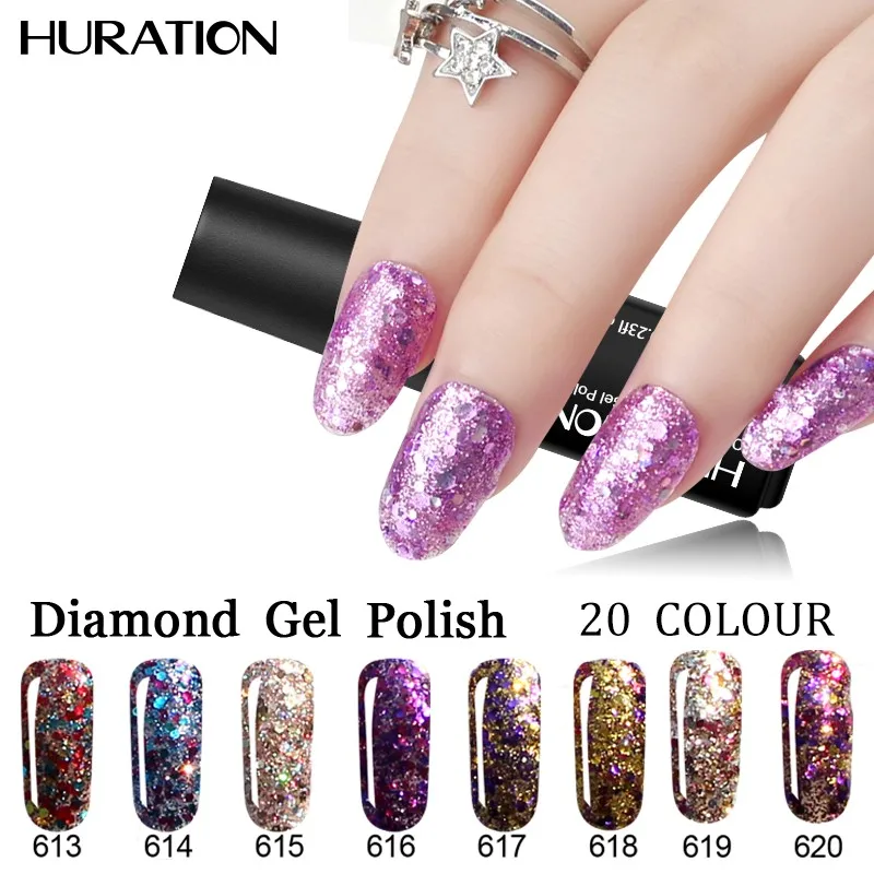 

Huration New Glitter Diamond Product Foil Starlight Shiny Color UV Gel Nail Polish Sequins Lacquer Gel Art Paint Set Gel Varnish