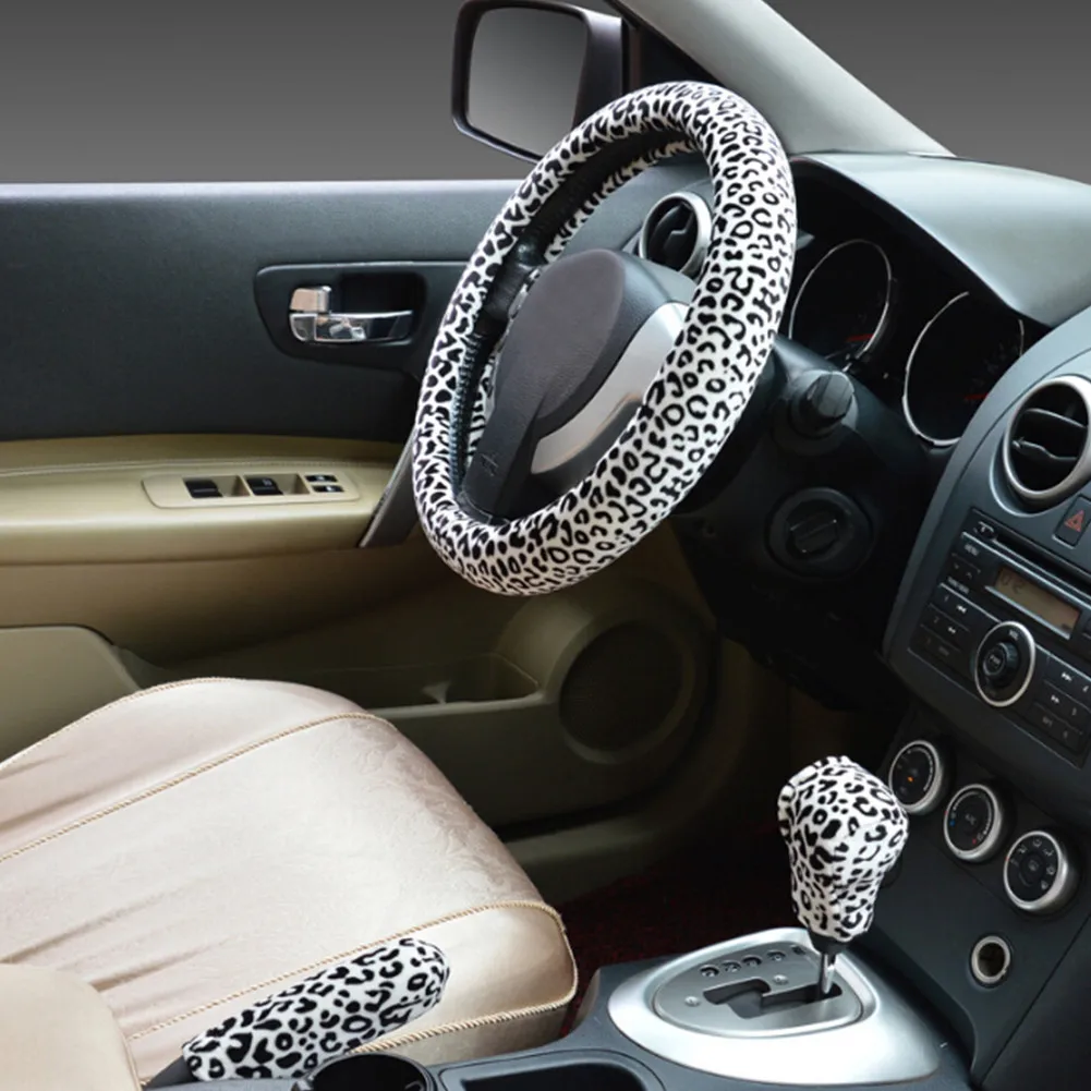 3 в 1 Мягкий Leopard рулевого колеса автомобиля крышка стояночного тормоза ручка переключения передач воротник охватывает 38 см Короткие обувь