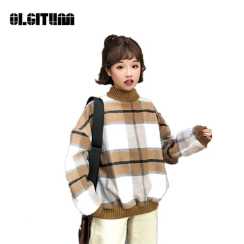 

New Autumn 2020 Korean College Loose Plaid Long-sleeved Wool High Collar Sweatshirt Women Casual Warm Tops