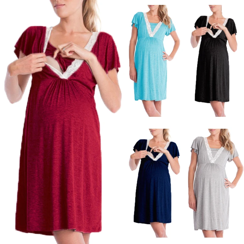 

Women Knee-length Dresses 2019 Summer Pregnant O-neck stitching V-neck Short Sleeve Casual Maternity Lace decoration Plus Size