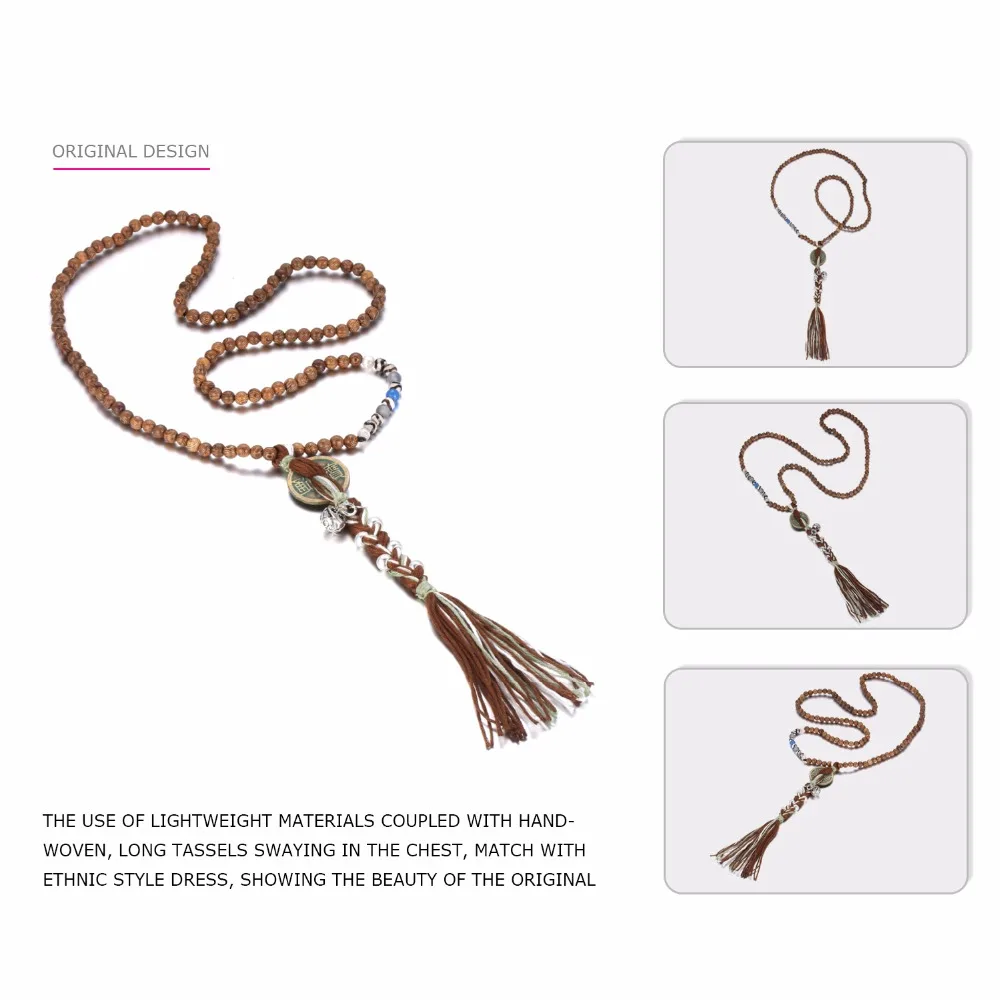 eManco Natural Ethnic Handmade Long Tassel Strand Necklaces & Pendants Women Wood Beads Coin Stone Ancient Bronze Plated Jewelry