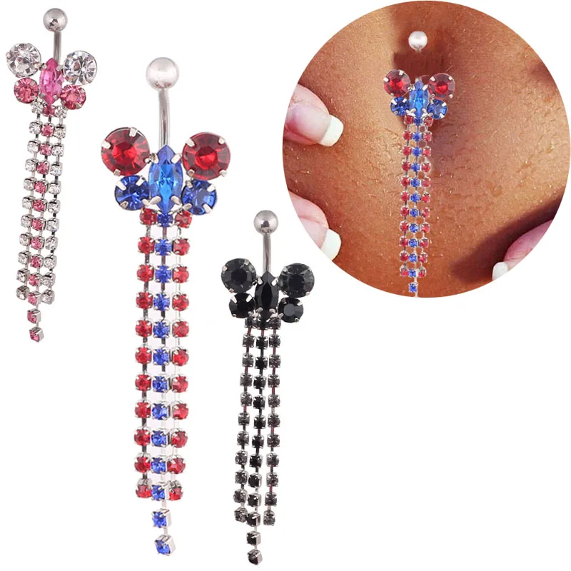 316L Surgical Steel 14G Blue/Pink/Black Crystal Long Tassel Dangle